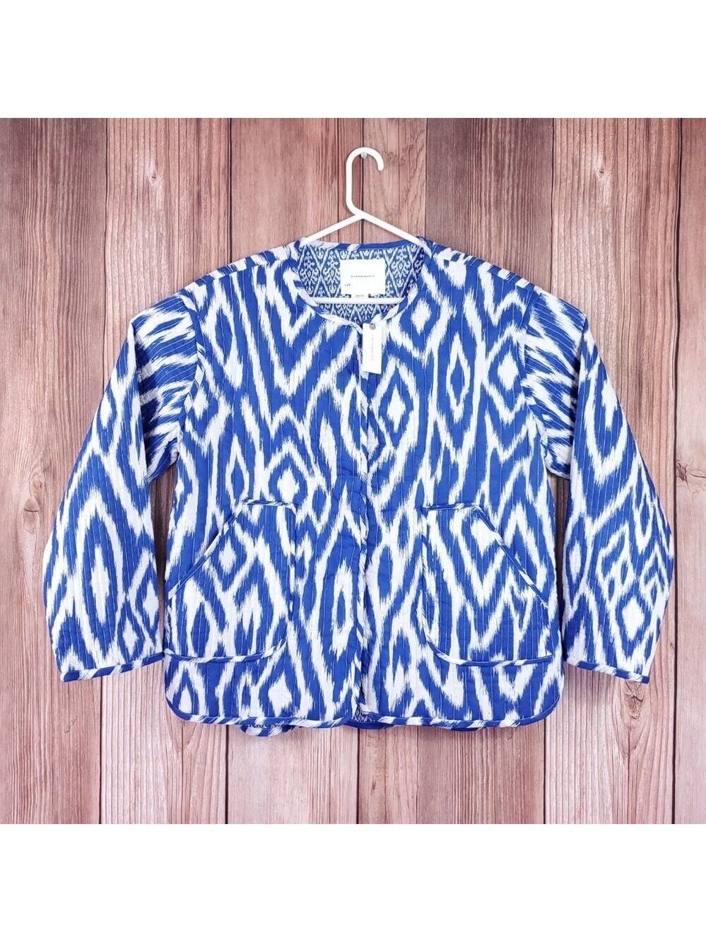 NWT Anthropologie Womens Size Large Nora Quilted Jacket Blue White Snap Button